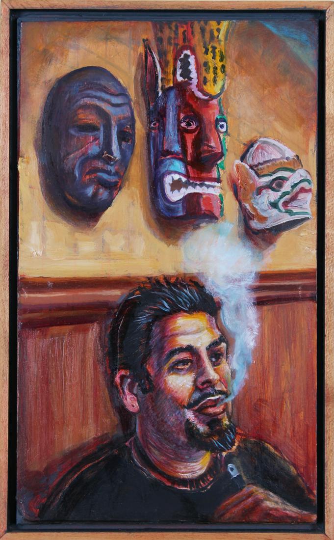 Sergio Teran (b. 1974) California: SELF PORTRAIT WITH MASK, 2016, oil painting on wood panel, a signature not found, 12 x 7” framed.
