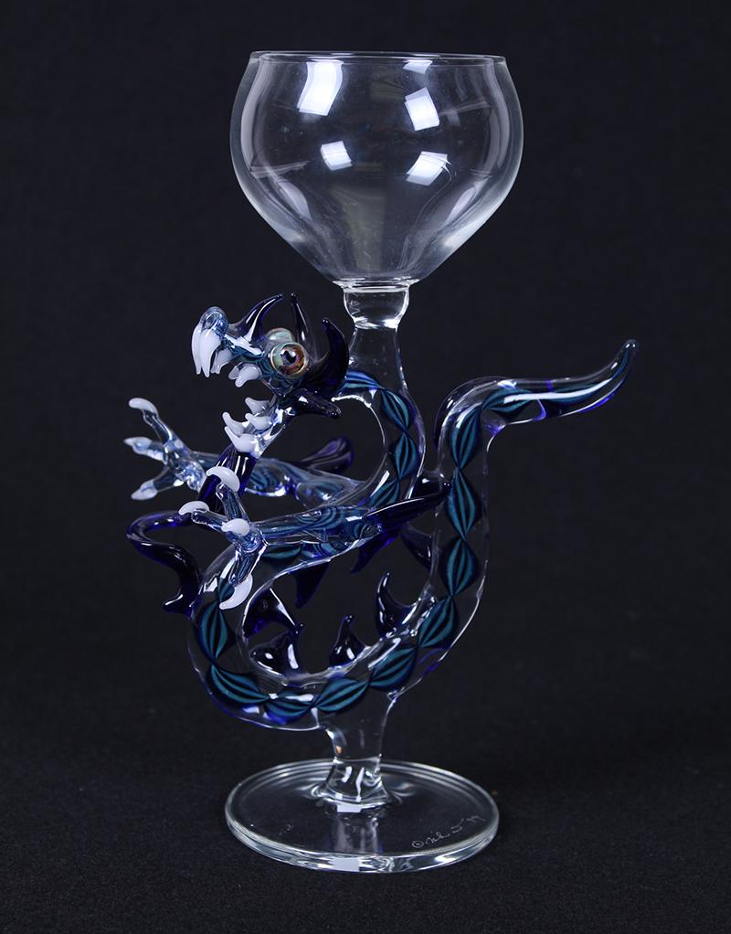 Milon Townsend (20 th Century) New York: DRAGON WINE GLASS, clear and color glass cup, signed and dated 1999 on base, 8 ¼” tall.
