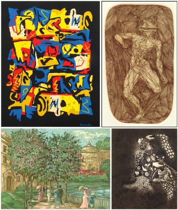 Guillaume Azoulay, Arthur Secunda, Michael Bowes &: Guillame Azoulay, FROG, embossed etching, signed in pencil, from the numbered edition 300, plate 11 ½ x 9 ½", full margins; Together with Arthur Secunda, UNTITLED, 1970, color screenprint, image 24