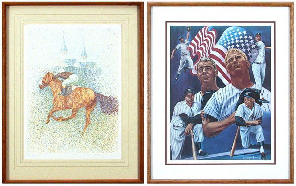 Guillaume Azoulay & Robert Stephen Simon (two): TWIN SPIRES, color lithograph, signed in pencil, from the numbered edition 75, image 23 ¼ x 17"; Together with Sports print: Robert Stephen Simon, STARS-N-STRIPES, color print, signed in pencil, from