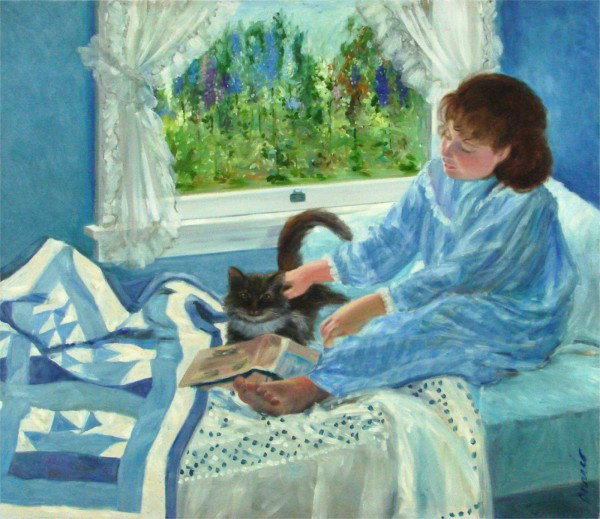 Barris (20th Century) American: GIRL WITH CAT, acrylic painting on canvas, signed lower right, 26 x 30".