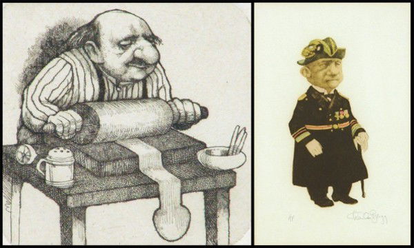 Charles Bragg (b. 1931) Californian (two): THE BAKER, sepia etchings, signed in pencil, artist's proof aside from the numbered edition, images 3 ¼ x 3 ¼"; THE VETERAN, color lithograph, signed in pencil, artist's proof aside from the numbere