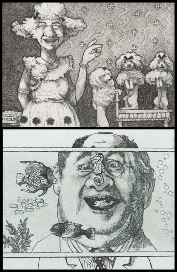 Charles Bragg (b. 1931) Californian (two): CHOCOLATE FOR POODLES; THE AQUARIUM, two sepia etchings, each signed in pencil, from the numbered edition 300, images 5 x 7" & 4 x 5", both with full margins and framed with glass, Aquarium with scatt