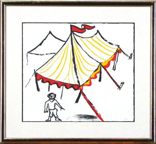 Alexander Calder (1898-1976) American: CIRCUS TENT, 1975, color aquatint, from the numbered edition 200, sheet 15 ¾ x 18", printed and published by Maeght, framed with glass, a few speckles, otherwise in good condition.