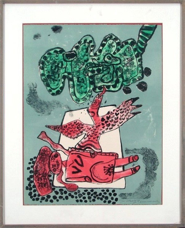 Corneille (Cornelis Guillaume Van Beverloo) (b. 192: L'OISEAU ROSE EXULTE, 1968, color lithograph, signed in pencil, from the numbered edition 30, sheet 26 x 20", framed with glass, possibly might be slightly faded, otherwise in good condition.