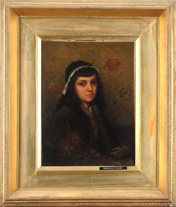 Frederick Dielman (1847-1935) German: PORTRAIT OF A YOUNG GIRL, oil painting on canvas, signed lower left, 16 x 12", framed, re-lined, minor surface hazing, otherwise in good condition.
