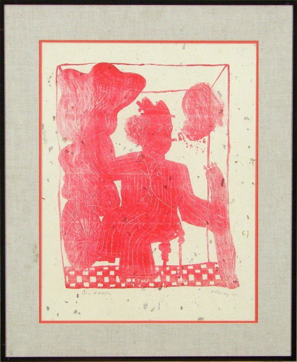 Alexandre Aleco Fassianos (b. 1935) Greek: RED MAN, color woodblock print on thin pulped paper, signed in pencil, artist's proof aside from the numbered edition, image 19 ¾ x 15 ¼", full margins, framed with glass, paper has pencil inscripti