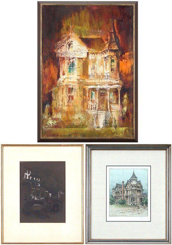 Lowell Hecking, Eidenburg & European School (three: Lowell Hecking, AUTUMN YEARS, 1966, oil painting on canvas, signed and dated lower right, 26 x 18", full margins; Together with Eidenburg, SAN FRANCISCO-THE HAAS, LILIANTHAL, color etching, signed in 