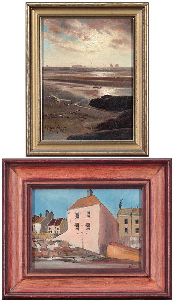 Vernon Kerr (1938-1982) Californian & Phil Buck: Vernon Kerr, MELLOW DAY, 1974, oil painting on Masonite, signed and dated lower left, titled and signed on verso, 12 x 9"; Together with Phil Buck, HOUSE, 1979, small oil painting on Masonite, signed 