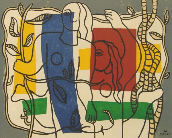 after Fernand Leger (1881-1955) French: UNTITLED 1946, color lithograph buff paper, estate signature stamp lower right, signed and dated in the design, from the numbered edition 275, image 14 x 19 ¾", sheet 20 ¾ x 21 ¾", with the Musee B