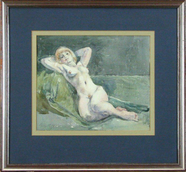 Harry Maas (1906-1982) Dutch: RECLINING FEMALE NUDE 1977, ink drawing, signed, sight, 13 x 15 ½", framed with glass.
