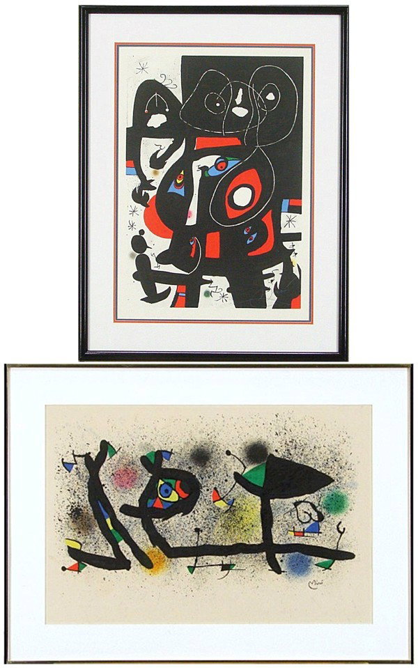 attributed to: Joan Miro (1893-1983) Spanish (two): JOFA KIM; UNTITLED, two color lithographs, each with signature in design, the first image 23 ½ x 16 ½", full margins, the second sight 16 ¾ x 25", both framed, one with glass, the second with possi