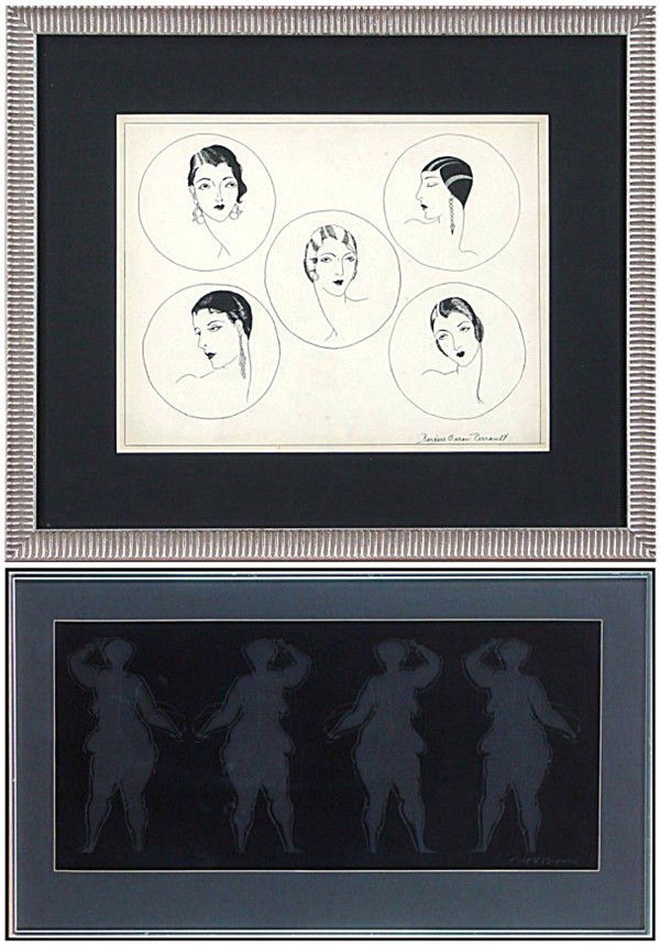 Oscar Perrault (1893-1949) American & Robert Brown: Oscar Perrault, PORTRAITS OF ELEGANT WOMEN, ink drawing on paper, signed lower right, image 10 ½ x 13 ½", discoloration speckles, otherwise in good condition; Together with Robert Brown, WOMEN, colo