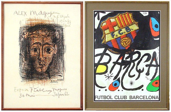 Pablo Picasso & Joan Miro (two): Pablo Picasso, ALEX MAGUI (B.1298; CZ.49), 1962, color lithograph poster on Arches paper, signature on stone, from the edition of 2000, sheet 26 x 19", printed by Mourlot, toning, minor soiling; Toget
