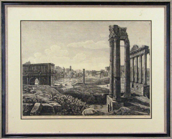 Luigi Rossini (1790-1857) Italian: VEDUTA GENERALE DEL FORO ROMANO, Plate T.26, Roma, 1821, engraving, image 20 x 27 ½", margins, framed with glass, toning, a couple of stray flecks of white paint, small losses at sheet edges, speckli
