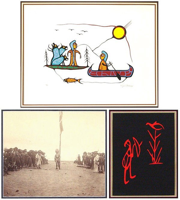 Roy Thomas (b. 1949) Native American 19th / 20th C: Roy Thomas, NORTHWEST NARRATIVE SCENE, color screenprint, signed in pencil, from the numbered edition 75, sheet 20 x 26", blindstamp, matted, soft handling creases, mild sun toning; Together with 19th
