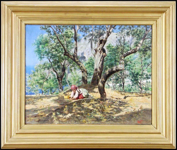 Angelo Torchi (1856-1915) Italian: GIRL SORTING TRUFFLES, oil painting on canvas, signed lower right, 16 ¾ x 21", The United Artists Italian Modern Art Exhibitions, Florence stamped on verso, framed, pin-holes, 2" slice, surface soili