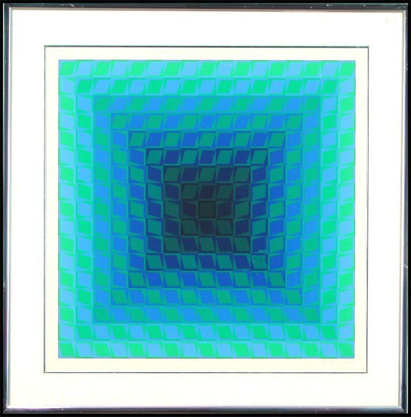 Victor Vasarely (1908-1997) Hungarian: UNTITLED GREEN & BLUE, color screenprint, signed in pencil, from the numbered edition 150, image 23 ½ x 23 ½", published by Denis Rene, full margins, framed, hard crease upper right corner with asso