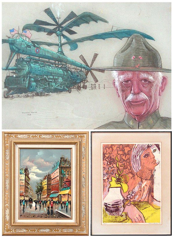 Donald White, Benoit, Elaine Badgley, Marchard, Al: Donald White, MAJOR BAZZIOTE/ STREAM ORNITHROPER "LEVIATHAN", 1918, color pastel and color pencil on Crescent Board, signed and dated 1969 lower left, 20 x 27", surface scuffs, smudges, loss lower lef