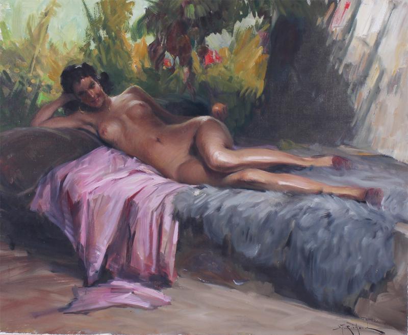 Richard Durando-Togo (1910-) Argentinean: RECLINING NUDE WITH PINK BLANKET, oil painting on canvas, signed lower right, 23 ¾ x 28 ¾”, frame 35 x 40 x 3”.