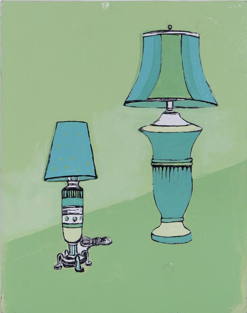 Elizabeth Hoffman (20 th /21 st Century) American: UNTITLED (Lamps) from The Green Series, 2000, acrylic painting on wood, signed and dated on verso, 15 x 11”. Provenance: Diana Zlotnick Collection.