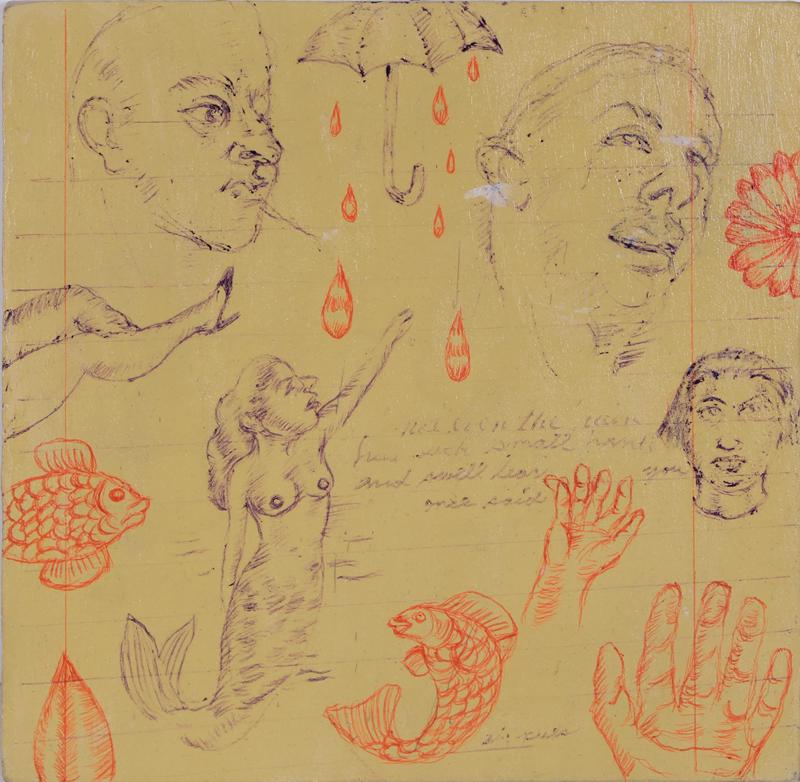 Jose Lozano (b. 1959) California Mexico: NOT EVEN THE RAIN, 2018, ink and marker over acrylic painting on panel, signed and dated on verso, 8 x 8”.