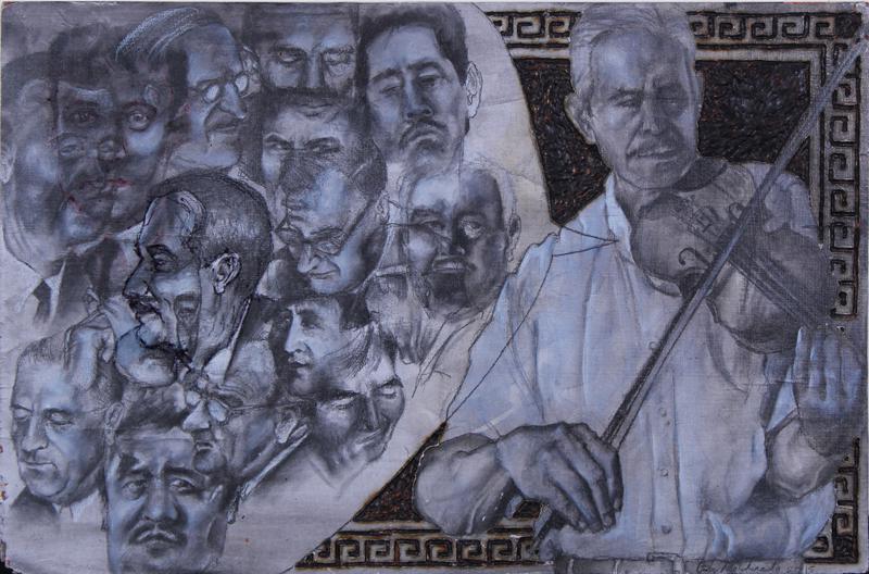 Gaby Maldonado (20 th Century): MUSIC, 2015, acrylic painting and graphite drawing on carved wood panel, signed and dated lower right, 8 x 12”.