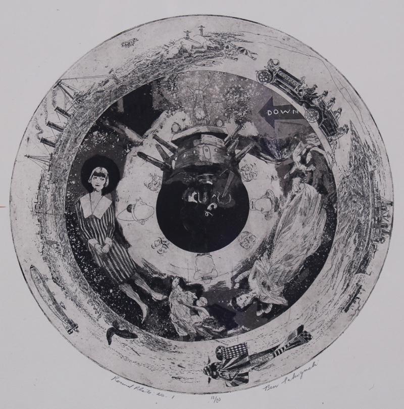 Ben Sakoguchi (b. 1938) Japanese American: ROUND PLATE: NO. 1, etching with aquatint, signed and numbered 12/20 in pencil, diameter 12 ¼”, full margins, discardable frame 17 x 16 ½” with glass. Provenance: Diana Zlotn