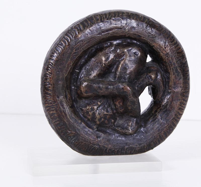 Victor Salmones (1937-1989) Mexican: MAN IN A WHEEL, cast bronze sculpture with golden brown patina, signed and numbered 8/10, diameter 7”, on makeshift Plexiglas stand.