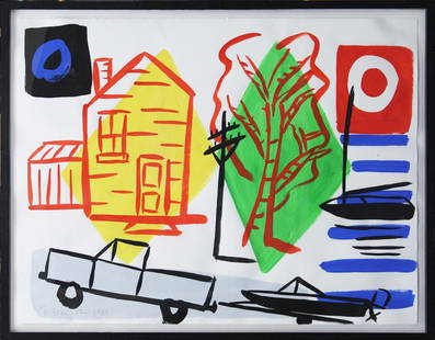 Tom Slaughter (1955-2014) American: UNTITLED TRUCK AND BOAT, 1989, tempera painting on paper signed and dated lower left, 38 x 50”, frame 42 ½ x 54 ¼” with Plexiglas.