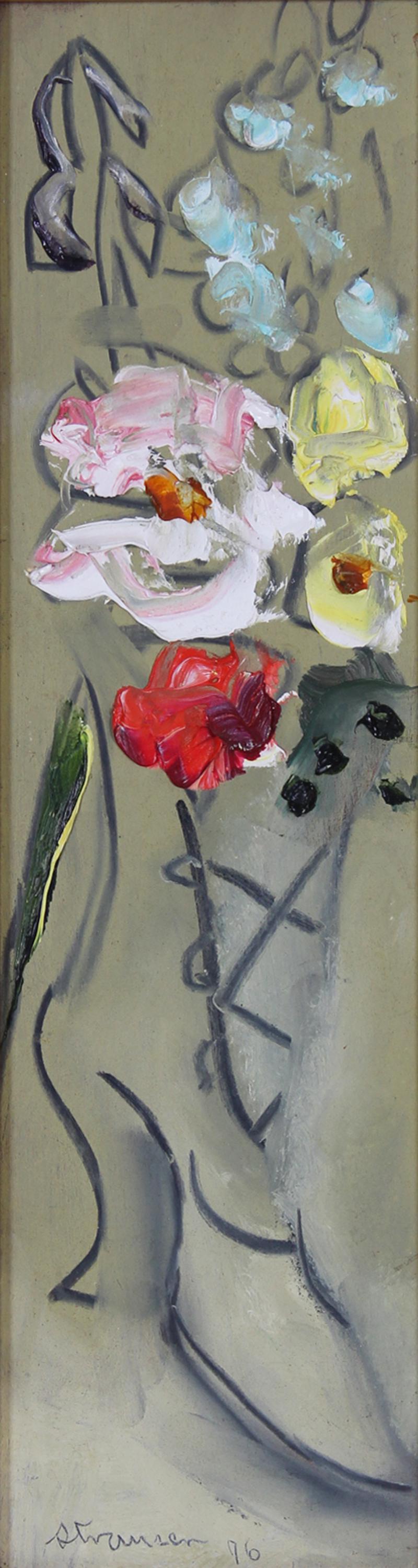 Sterling Strauser (1907-1995) Pennsylvania: FLOWER BOOT, 1976, oil painting on Masonite, signed and dated lower left, 13 ½ x 4”, frame 14 x 4 ¾”.
