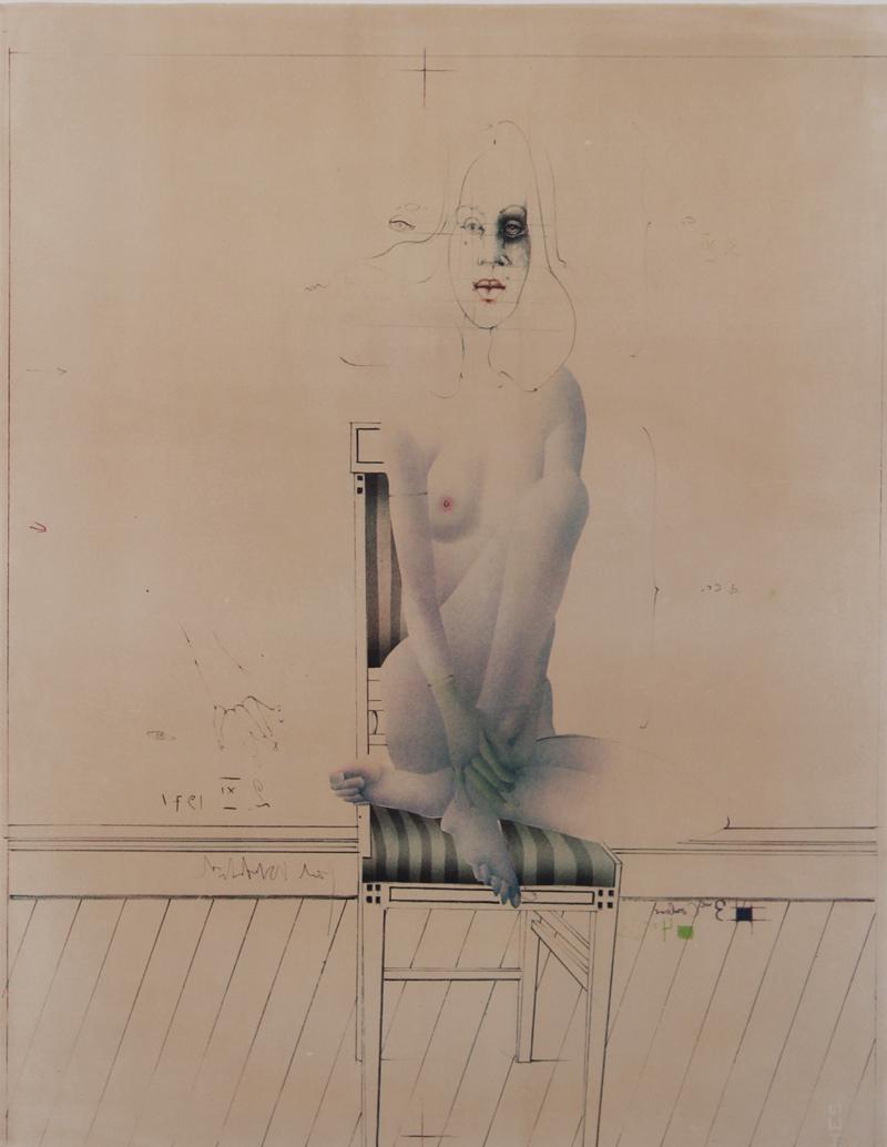 Paul Wunderlich (1927-2010) German: SEATED NUDE WOMAN ON STRIPED CHAIR, 1971, color lithograph, signed and numbered 41/99 in pencil, sheet 30 x 22 ¼”, frame 38 x 30 ½” with glass (cracked in lower left corner).