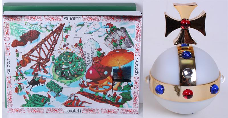 Vintage Swatch Watch (two): Collection of two watches with original boxes and model numbers, both Swiss made, includes Seasonâ€™s Greetings (with Advent calendar) & Vivienne Westwood Orb. Note: We Do Not Guarantee Working C