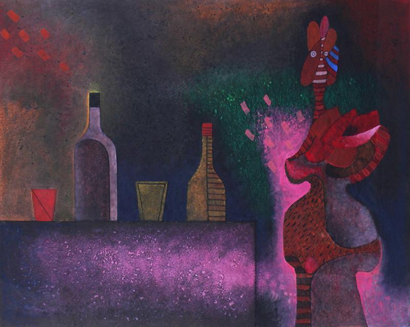 Vladimir Cora (b. 1951) Mexican: PERSONAJE CON NATURALIEZA MUERTA, 1990, color mixograph on hand-made paper, signed and numbered 69/100 in pencil, printed and published by Mixografia Workshop, sheet 33 x 40 ½”, Plexiglas