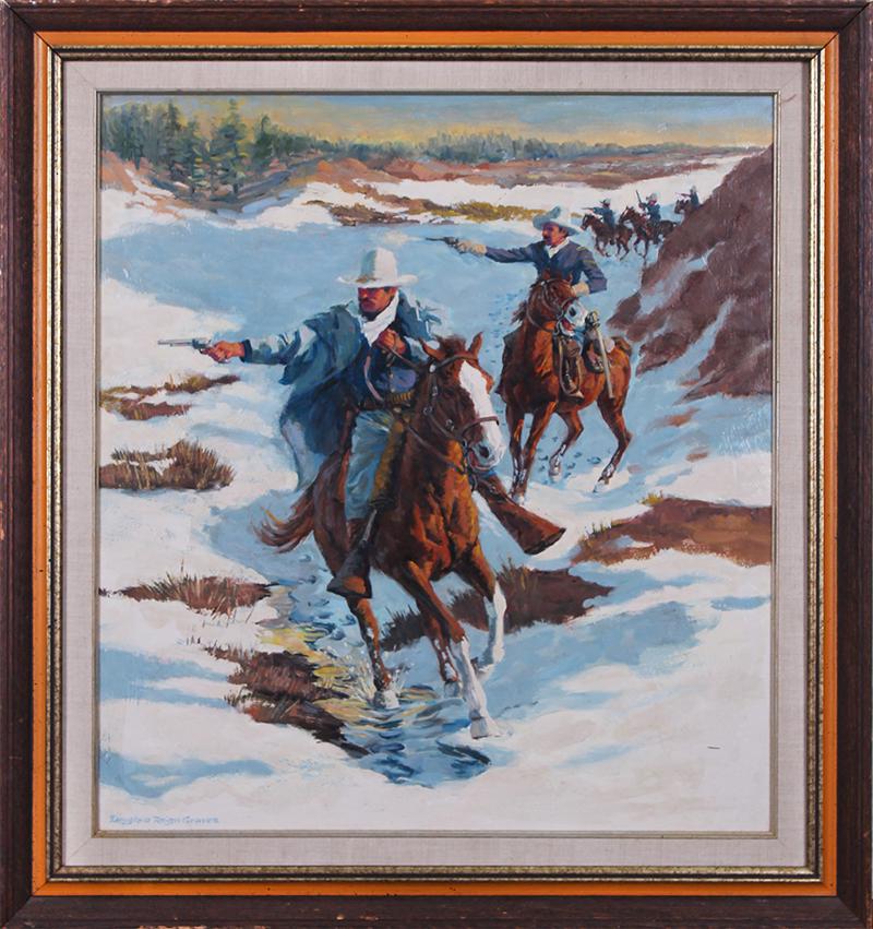 Douglas Reign Graves (20 th Century) California: SHOOT OUT, oil painting on Masonite, signed lower left, 22 x 20”, frame 27 x 25”.