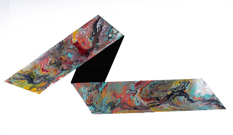 Richard Mann (20 th Century) Santa Barbara, California: UNTITLED, enamel painting on folded Plexiglas, signed lower center, 28 x 64 ¾ x 1 ½”. From the collection of Marian Brown.