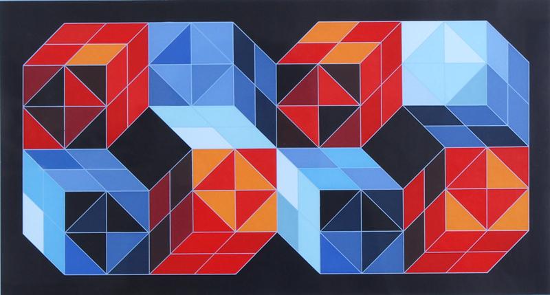 Victor Vasarely (1906-1997) Hungary: TRIDIM-SS, color screenprint, signed in pen and numbered 10/100 in pencil, image 10 ½ x 19 ¾”, full margins, frame 26 x 35” with glass.