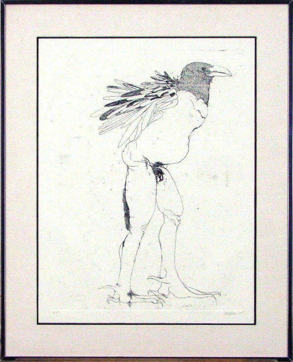 Leonard Baskin (1922-2000) American: BIRDMAN, etching, signed in pencil, artist's proof aside from a numbered edition, plate 23 ½ x 17 ½", framed.