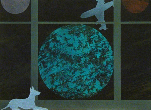 Billy Al Bengston (b. 1934) American: PLANET, PLANE & DOG, NIGHT, color aquatint etching, signed in pencil, from the numbered edition 50, sheet 22 x 30", small mended tear upper sheet edge, otherwise in good condition.