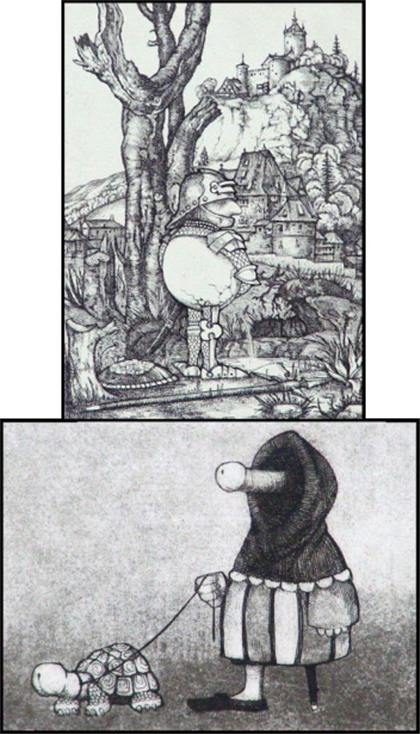 Charles Bragg (b. 1931) Californian (two): CAMELOT SERIES; TURTLE, two etchings, each signed in pencil, from the numbered editions 300, plates 7 x 5" & 3 x 4", both with full margins, Camelot with staining in margins, both with inventory stick