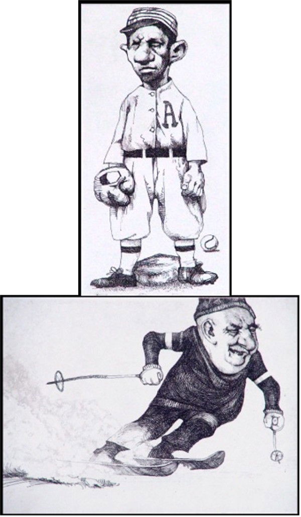 Charles Bragg (b. 1931) Californian (two): BASEBALL PLAYER; SKIER, two etchings, each signed in pencil, from the numbered editions 250, plates 6 x 3" & 5 x 6 ¾", both with full margins, inventory stickers on verso, Baseball with a couple spec