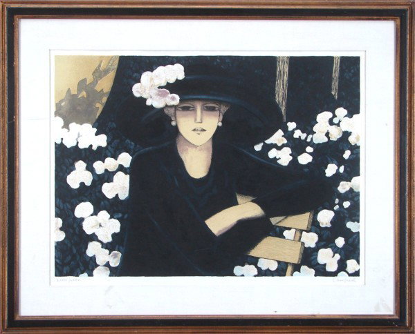 Jean Pierre Cassigneul (b. 1935) French: FASHIONABLE WOMAN, color lithograph on Japan paper, signed in pencil, from the edition Roman numeral 75, image 18 ½ x 25 ½", full margins, framed, mild cockling, otherwise in good condition.