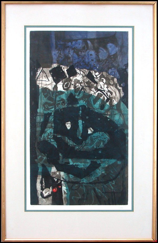 Antoni Clave (1913-2005) Spanish: UNTITLED, color etching, signed in pencil, from the numbered edition 40, image 27 ½ x 15 ½", full margins, framed with glass.