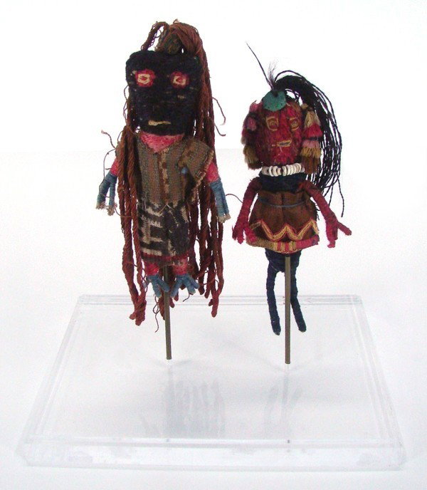 Folk Art (20th Century): DOLLS, a pair of hand-made fabric and bead dolls, 6 ¼" & 6 ½" tall, both mounted, in Plexiglas box.