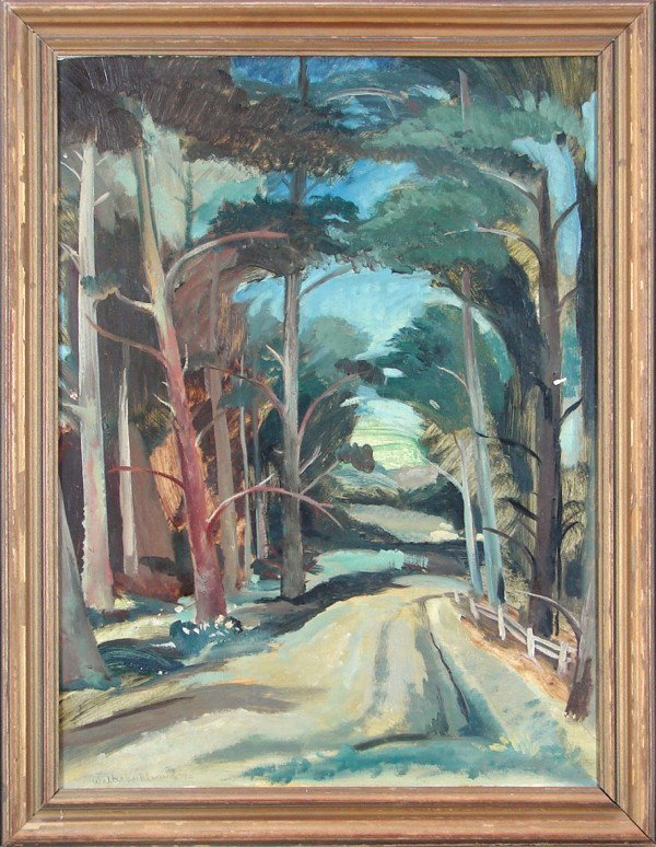 Walter Kuhlman (1918-2009) Californian: TROPICAL ROAD, oil painting on Masonite, signed and dated, 24 x 17 ¾", framed, surface soiling, craquelure, small chips, otherwise in good condition.