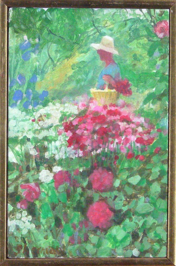 Sherman Labby (20th Century) American: FLOWER GATHERS, oil painting on canvas, signed lower left, signed on verso, 11 x 7", framed. Provenance: Ankrum Gallery