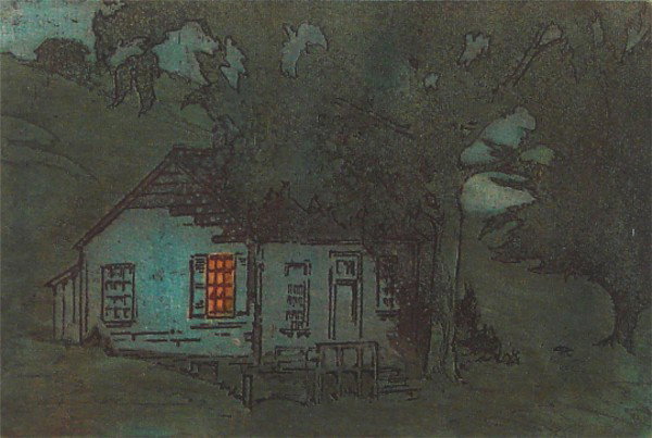 Pedro J. de Lemos (1882-1954) Californian: THE LIGHTED WINDOW, color etching, signed in pencil, image 6 x 9", full margins, framed, a couple of pale discoloration spots, otherwise in good condition. Provenance: Trotter Galleries