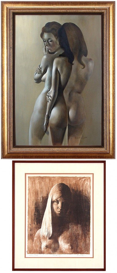 Robert Lupetti (1917-1997) & Ravell (two): Robert Lupetti, NUDE, oil painting on canvas, signed lower right, artist's thumb print and signature on verso, 30 x 20", surface soiling; Together with Ravell, PORTRAIT OF A YOUNG WOMAN, color lithogr