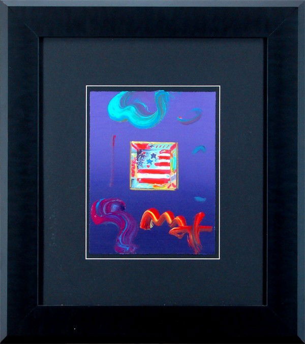 Peter Max (b. 1937) German/ American: FLAG WITH HEART, acrylic painting over print, signed lower center, 11 x 8 ½", framed.