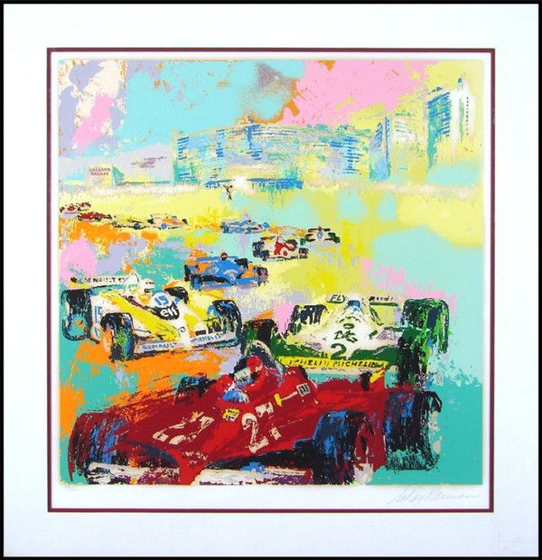 LeRoy Neiman (b. 1921) American: GRAND PRIX CAESAR'S PALACE (KII.19), 1982, color screenprint, signed in pencil, from the numbered edition 300, image 30 ½ x 30 ½", full margins, framed, also signed and dedicated on back of frame, n